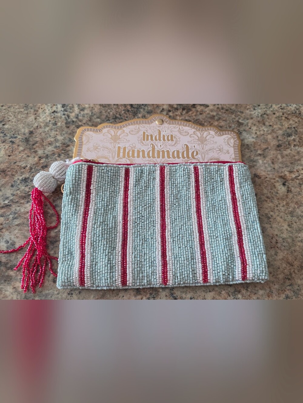 Handmade Beaded Stripe Clutch - Light Blue & Pink